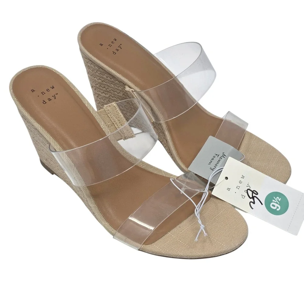 A New Day Womens Clear Strap‎ Espadrille Wedge Sandals Size 9.5 Beige - Picture 2 of 8